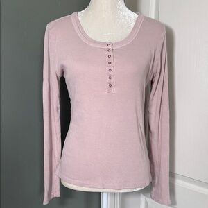 Lucky Brand Ribbed Henley Top Medium Pink Long Sleeve Snap Button Cotton